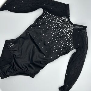 Sylvia P Black Crystal Embellished Sheer Sleeve Gymnastics Leotard Body suit Sz8